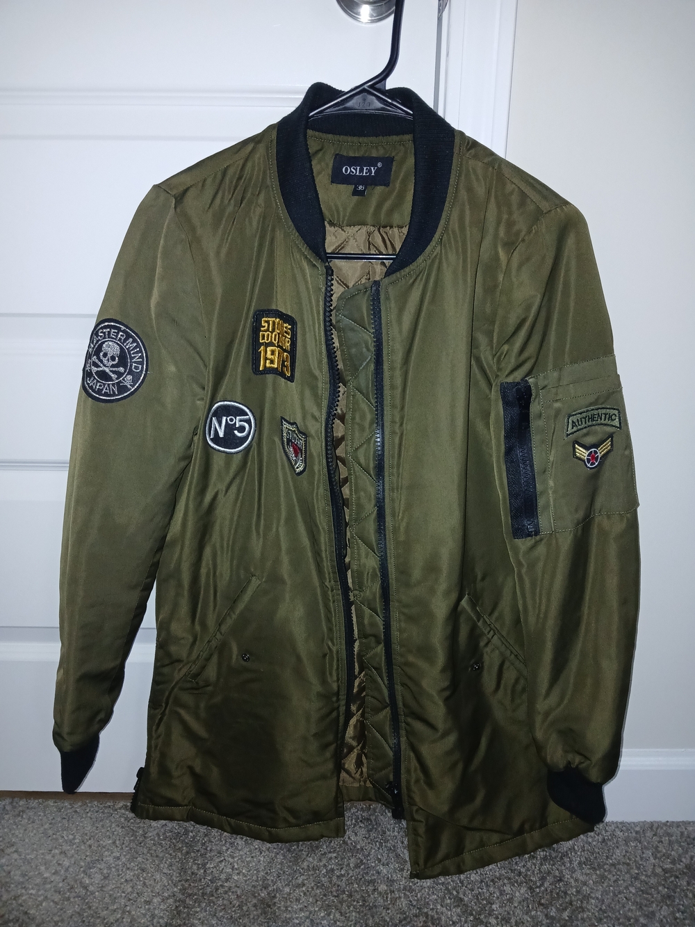 Olive Green Bomber Jacket with Patch Accents